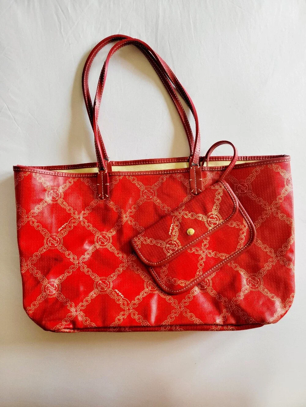 VTG Avon Red Canvas Chain Link Tote Bag & Matching Pouch Set